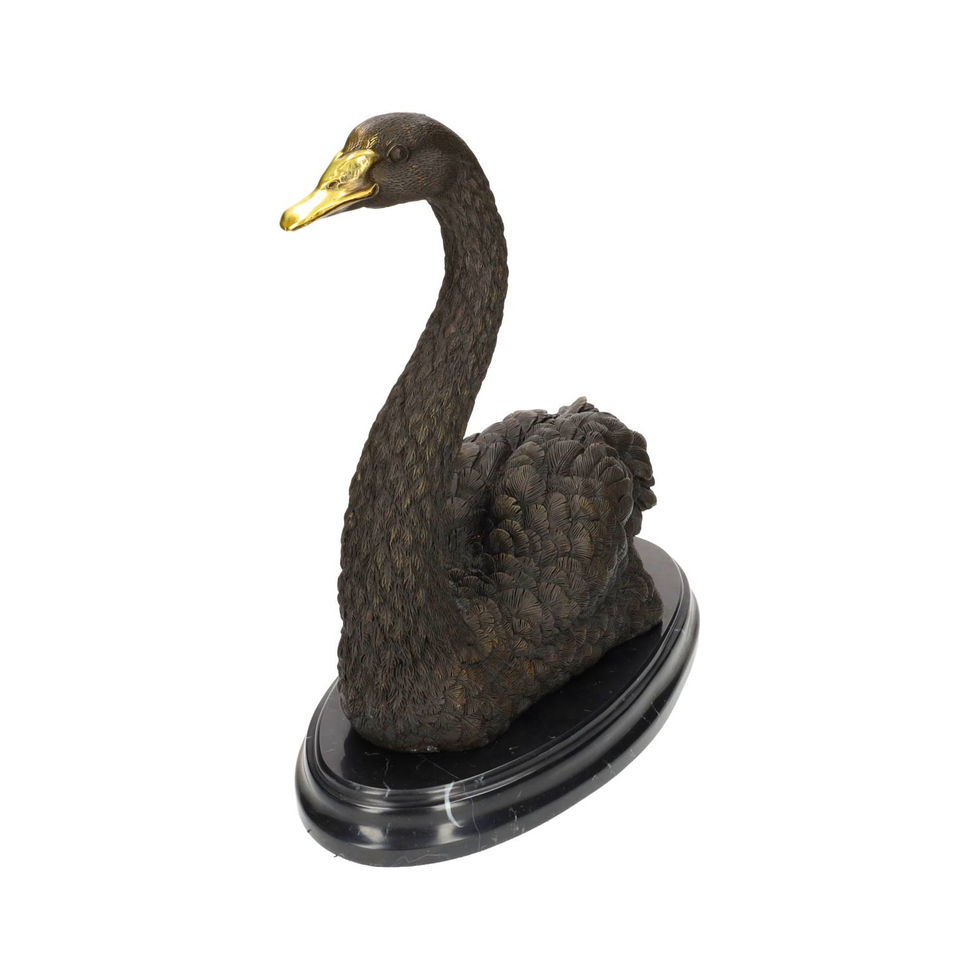 Bronze sculpture of a swan with golden beak - luxurious art - Christmas