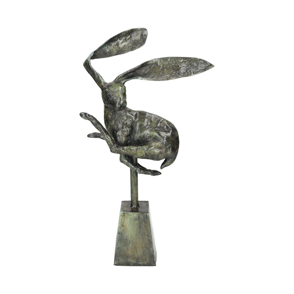 Green hare jumping statue green patina - Garden decoration