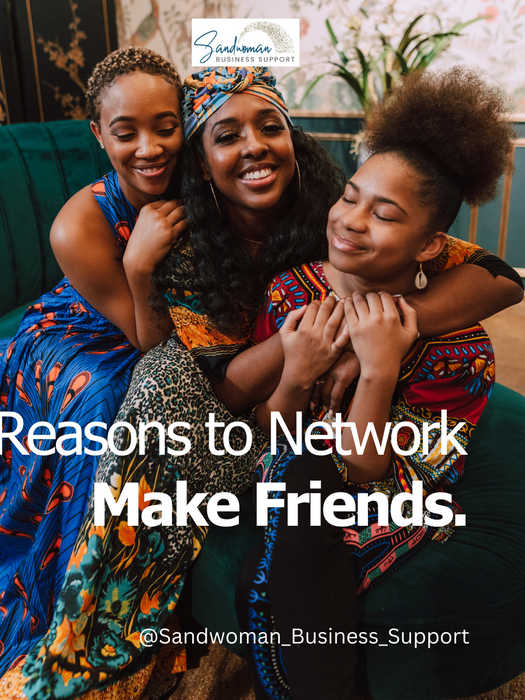 Three diverse women embracing with the text Reasons to Network Make Friends.