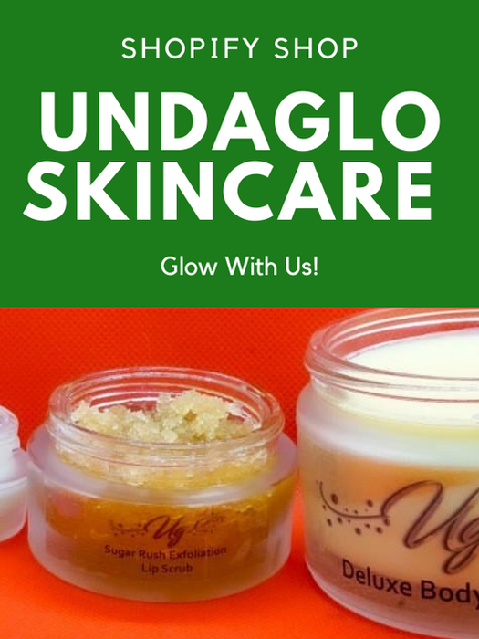Shopify shop Undaglo Skincare, Glow With Us! skincare products on orange background.