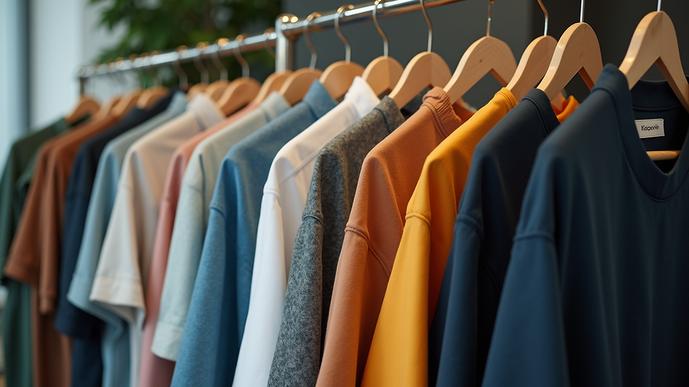 Eye-level view of a clothing rack displaying various custom-designed shirts