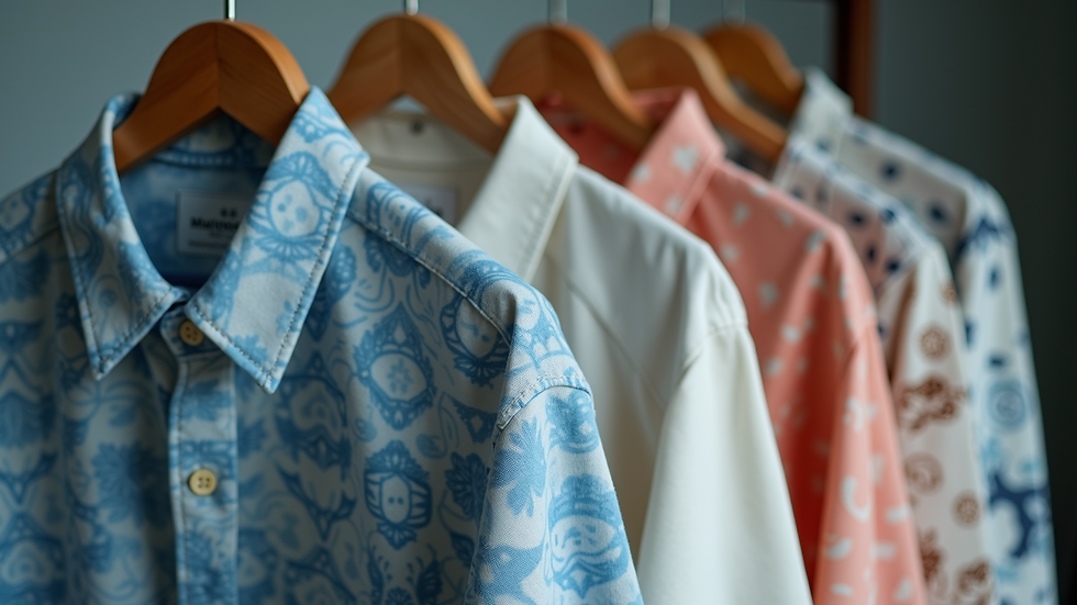 Close-up view of a creative shirt with abstract patterns on a hanger