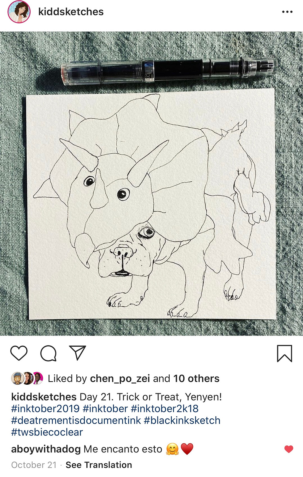 line drawing of Yenyen the French Bulldog in Halloween costume