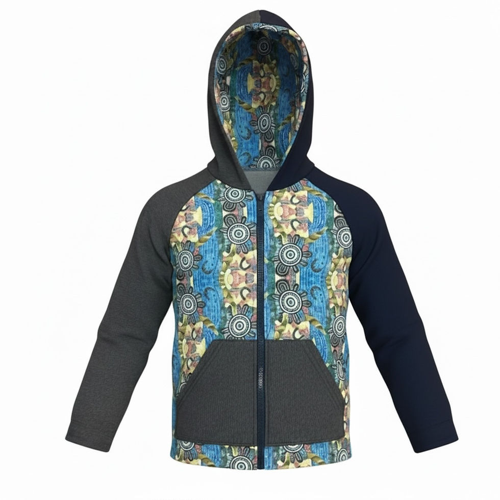 Handmade boys winter fleece hoodie with Australian art print, front view