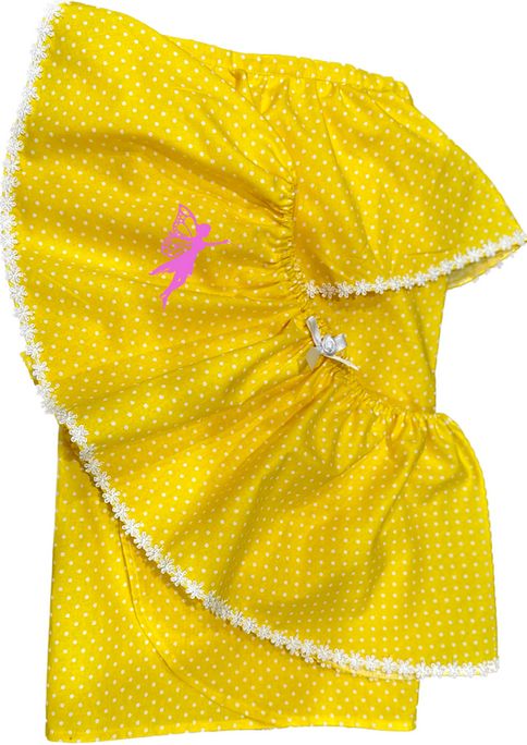 Bright yellow polka-dot half saree / lama saree with white lace trim