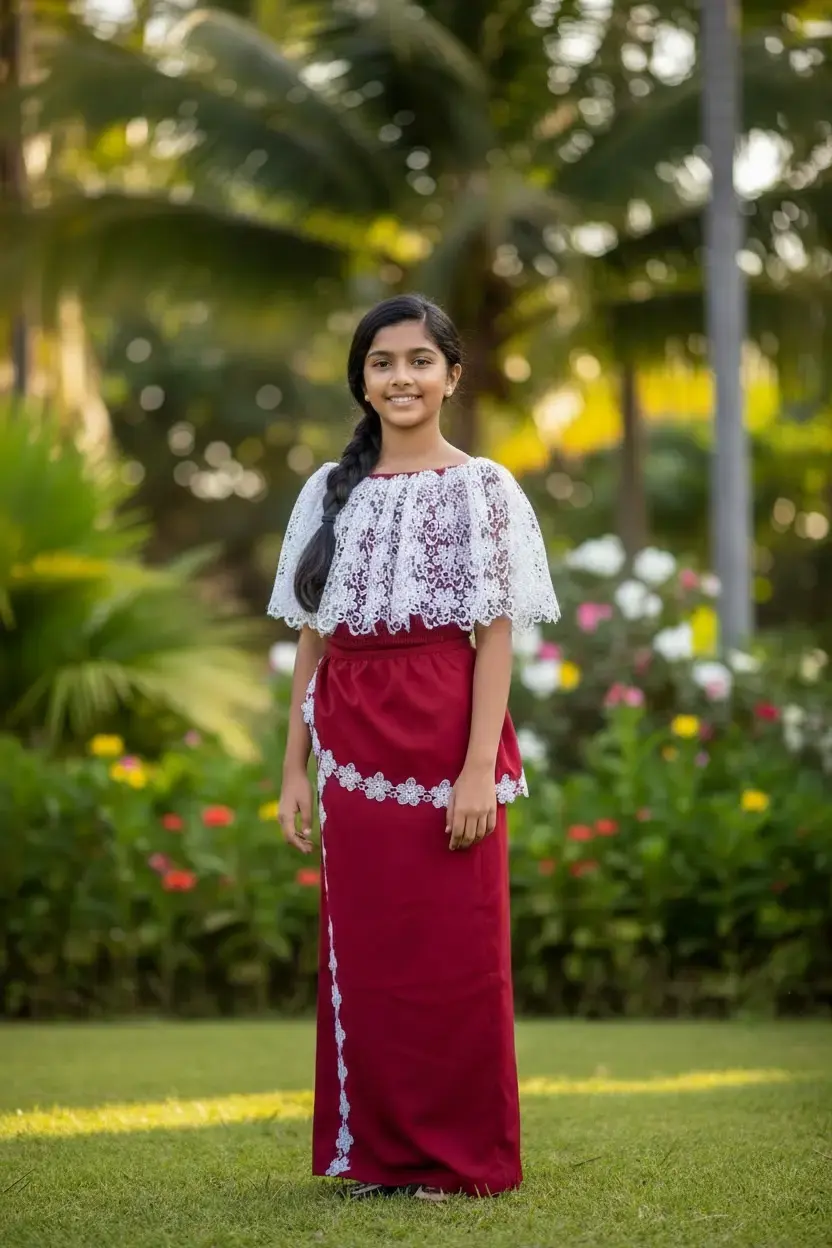 Sri Lankan girl wearing a lama saree made with red cotton and white lace