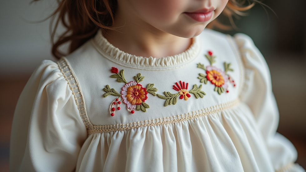 Close-up view of handcrafted children’s clothing with intricate embroidery