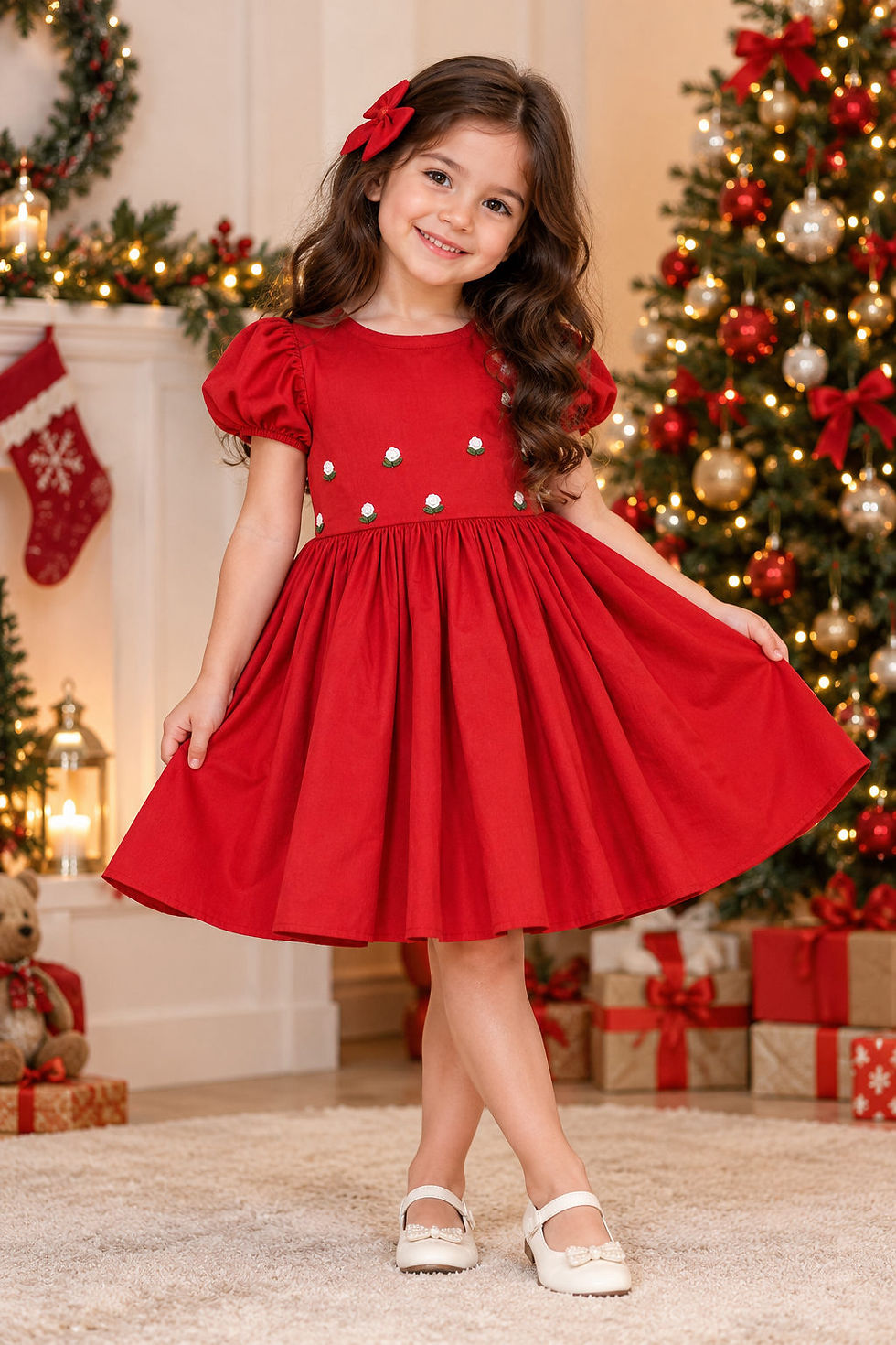 Girls red Christmas dress with embroidered white rosebuds and puff sleeves
