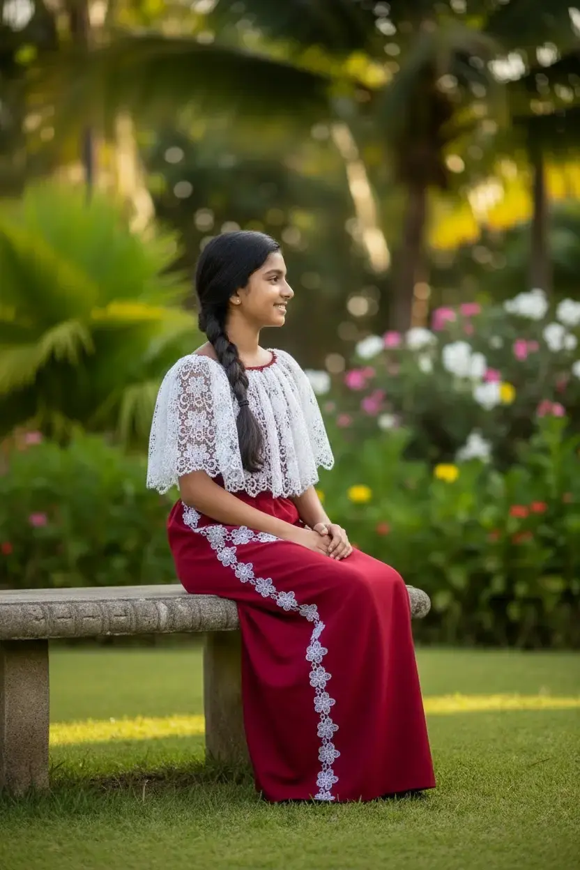 Sri Lankan girl wearing a lama saree made with red cotton and white lace