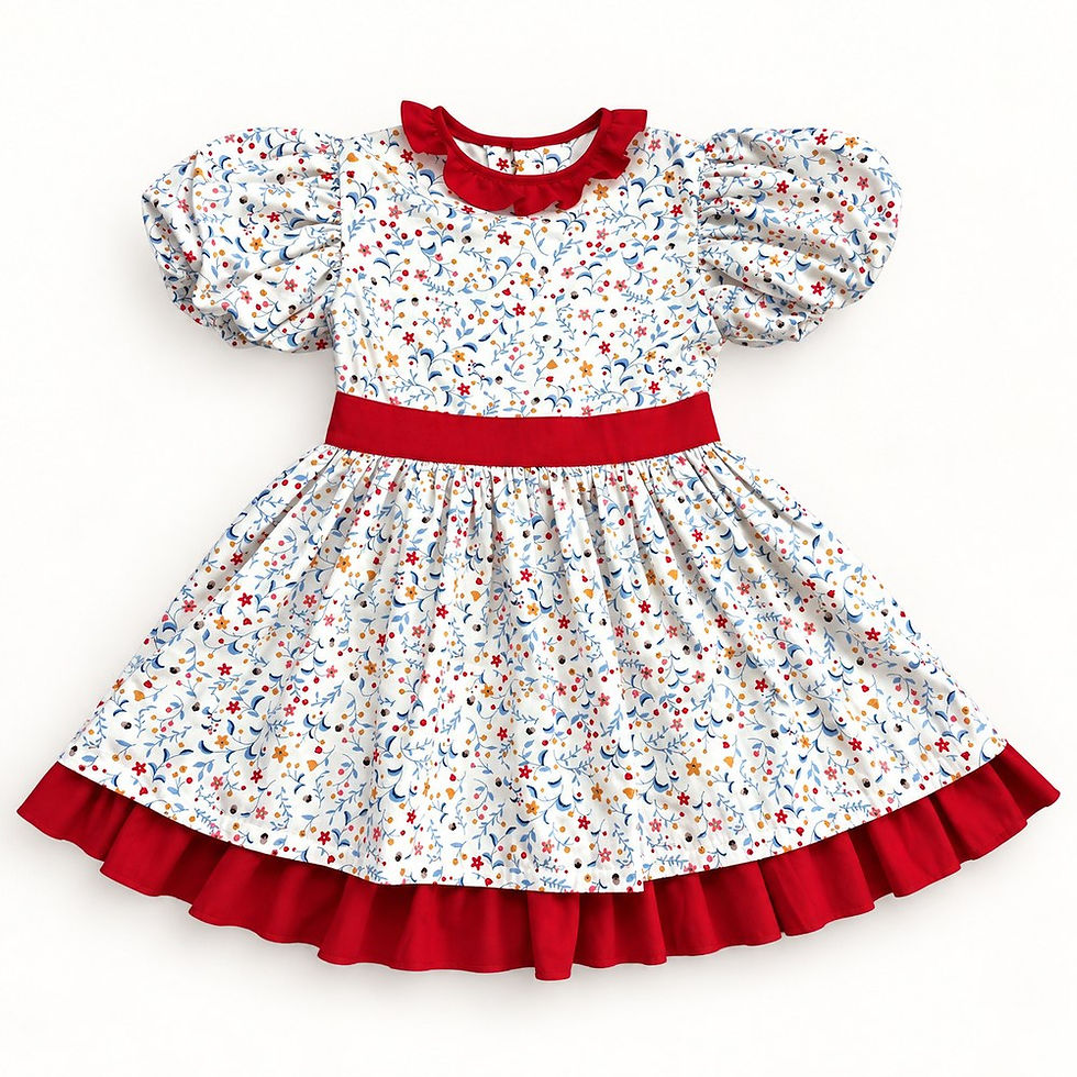 Front view of the Starry Meadow girls’ red floral party dress with balloon sleeves