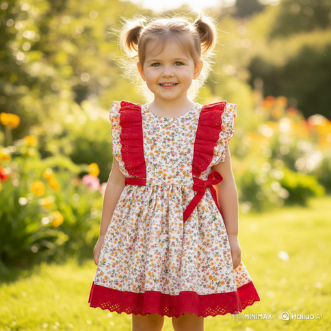 Little girls dress wearing the rose and ivory dress , with eyelet ruffled sleeves and a trim