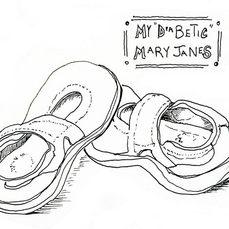 Whimsical ink drawing of post surgery "diabetic" Mary Jane shoes