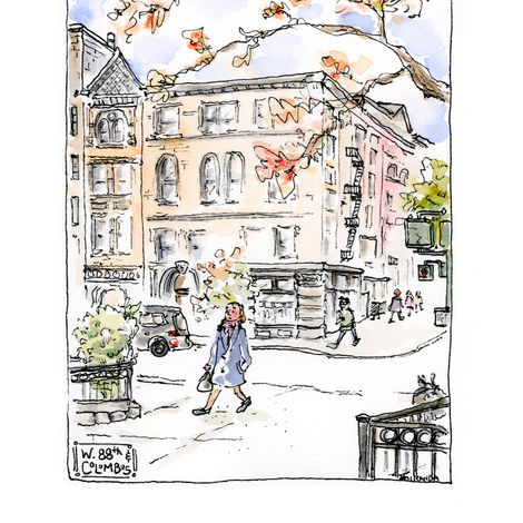 Whimsical ink and watercolor urban sketch of Upper West Side neighborhood at Columbus and W. 88th St.