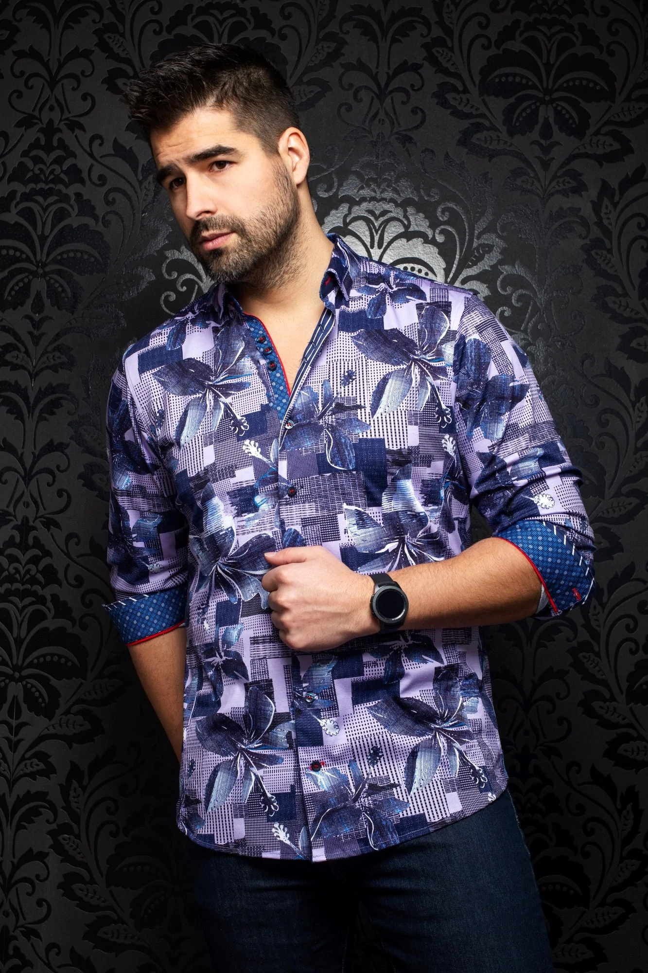 Chemise Callisto violacée à fleurs géométriques Au Noir