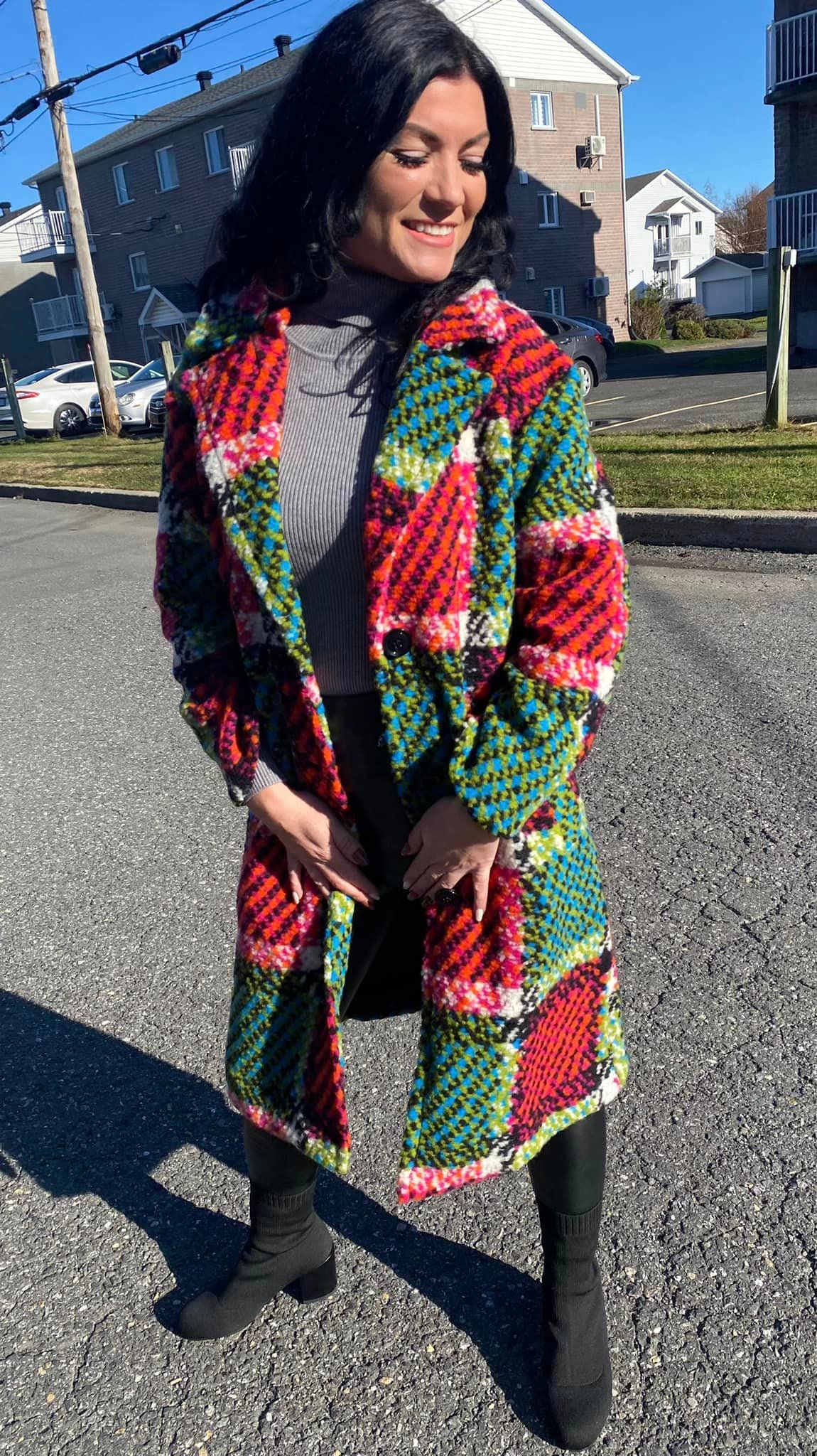 Manteau blanc à carreaux colorés Collection européenne