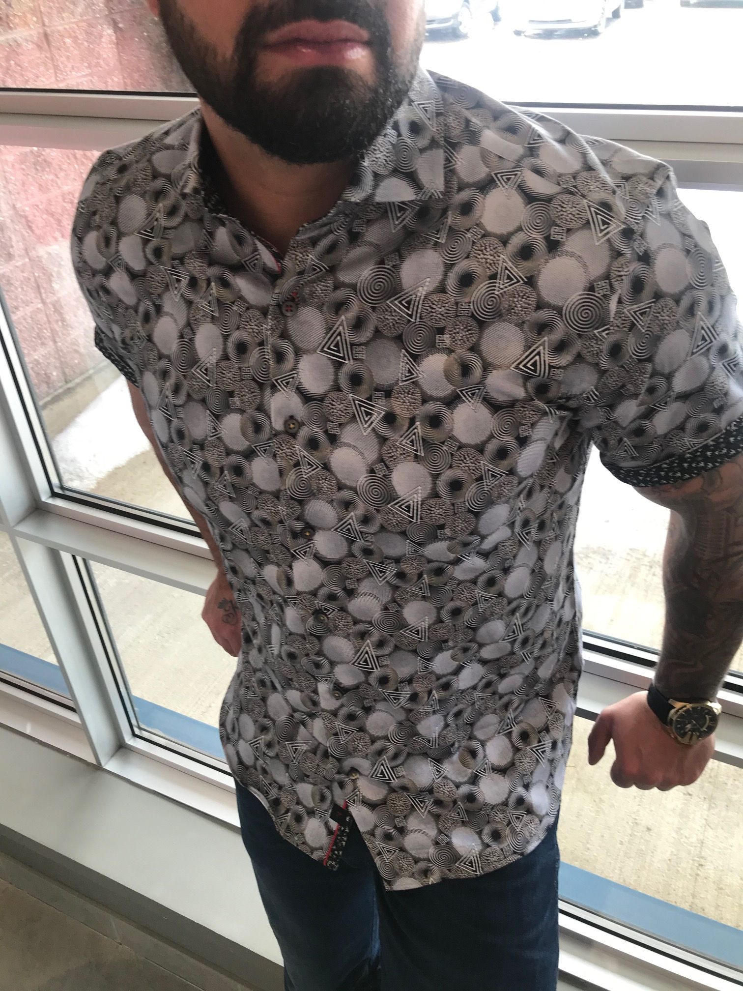 Chemise manches courtes bleutée à motifs géométriques 7 Downie St.