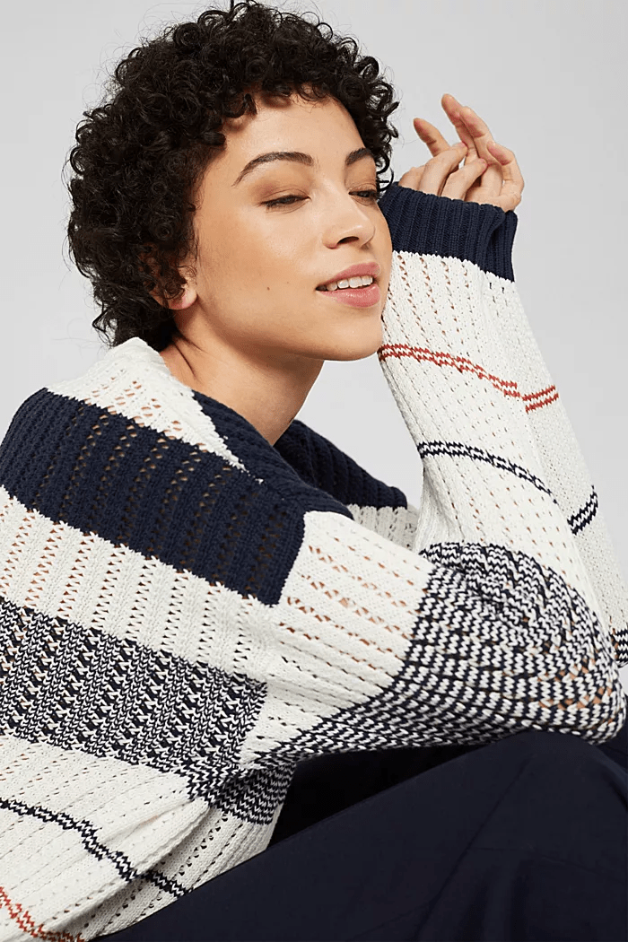 Miniature : Tricot blanc à lignes marines Esprit, style 012EE1I331