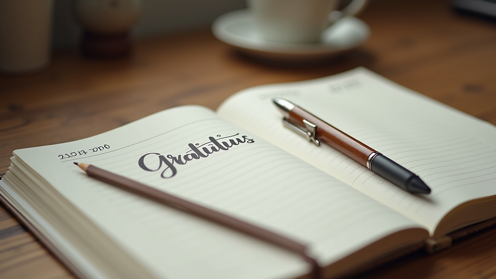 Eye-level view of a gratitude journal with a pen on a wooden desk