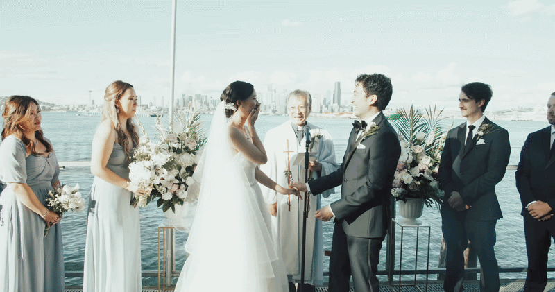 Wedding party celebrating with the couple