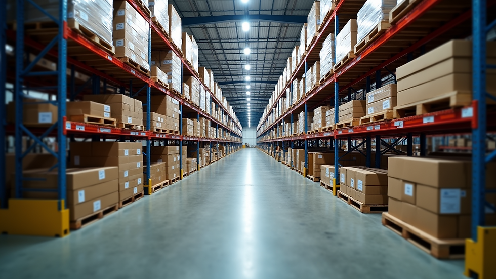 Wide angle view of a spacious warehouse with organized racking