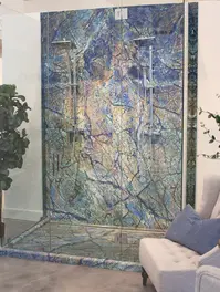 Modern marble finish acrylic shower wall panels in bathroom setting.