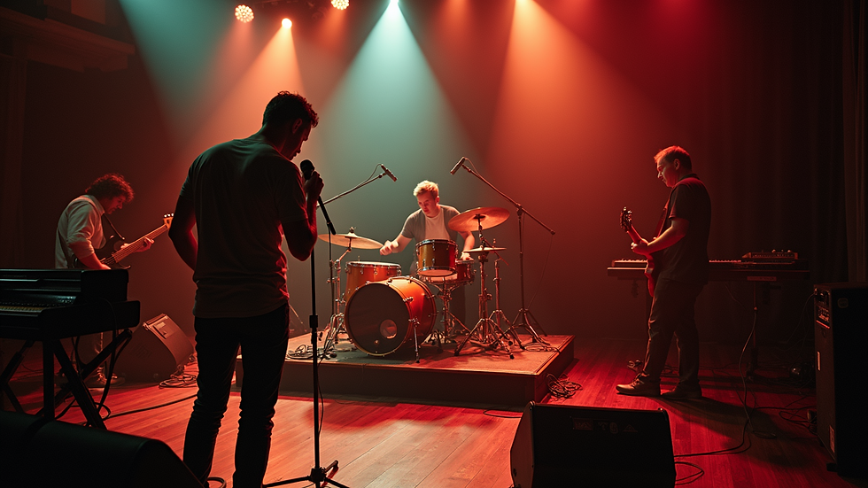 High angle view of a wedding band setting up instruments on stage
