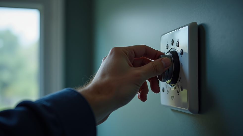 Close-up view of a technician's hand adjusting a thermostat