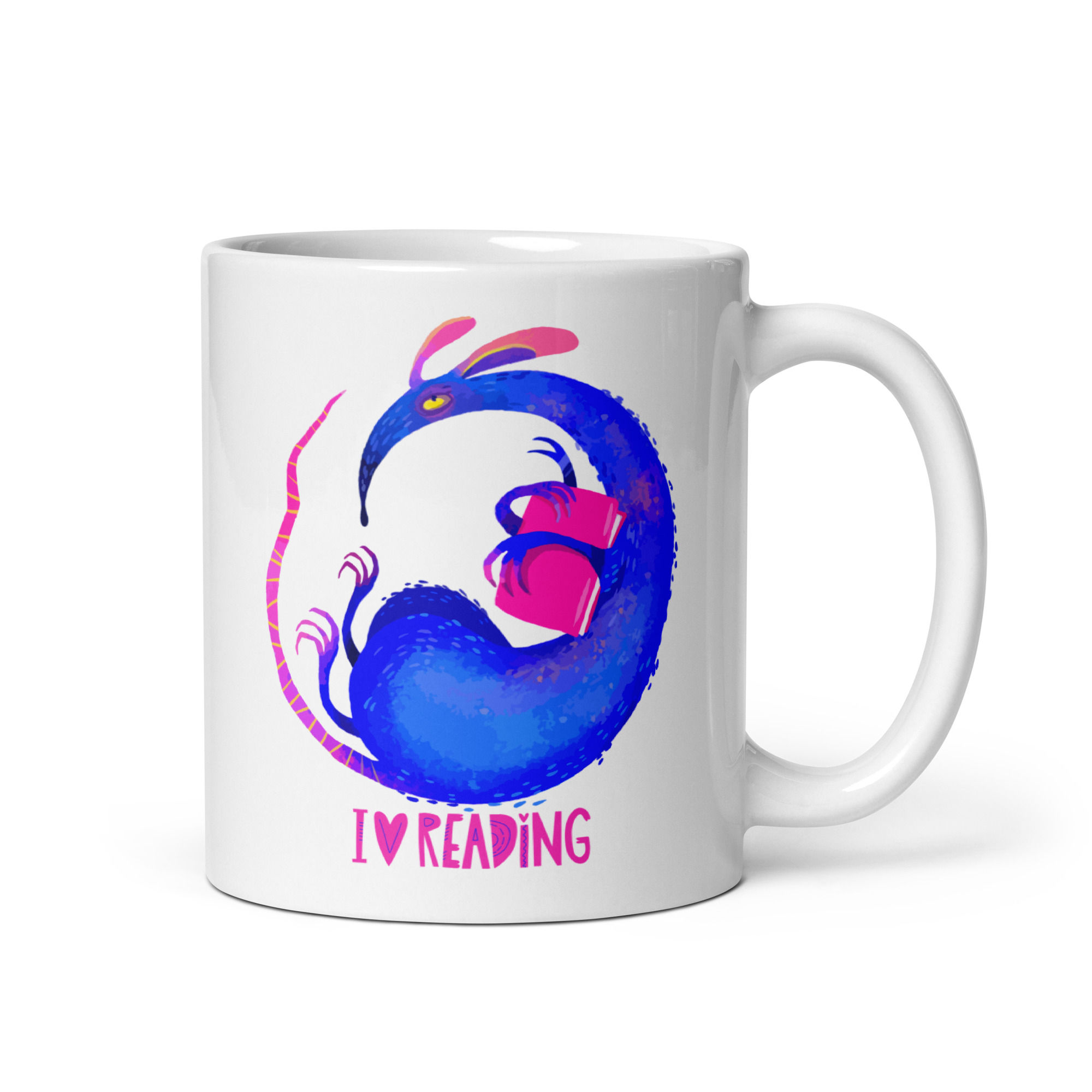 Taza blanca brillante - Rata de biblioteca "I love reading"