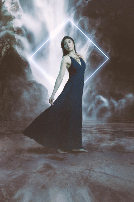 3 part series of a studio photos of the model Michelle, depicting the Sky, the Earth, and the Underworld