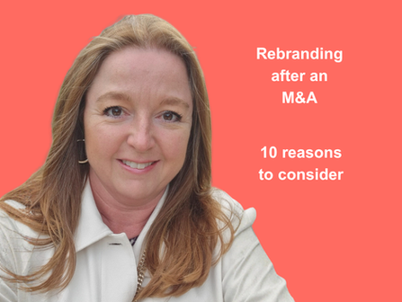 Close-up of a smiling woman with long red hair. White jacket. Text om red background.