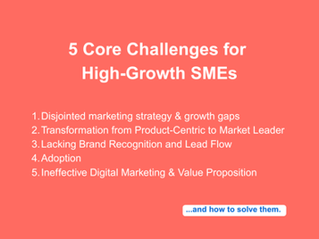White text on red background. Big title (5 core challenges for high-growth SMEs) and a numbered list of challenges. At the bottom right a white box with blue text indicating how to solve them.