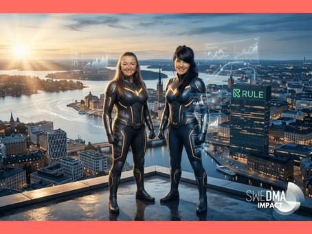 AI generated image of two women with long hair, in super hero suits, with a city view of Stockholm in the background.