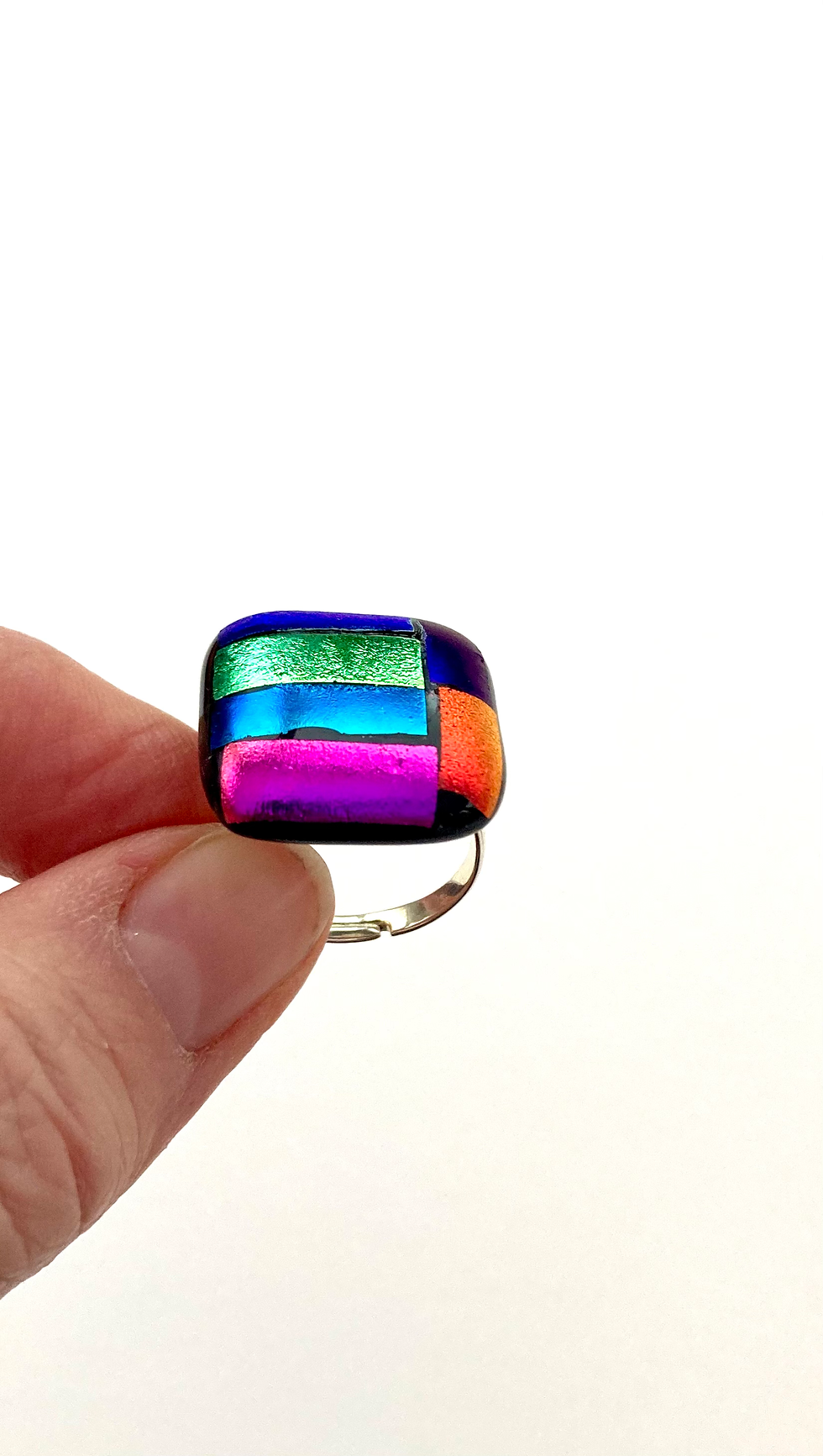 Thumbnail: Dichroic Fused Glass Square Stripey Adjustable Ring