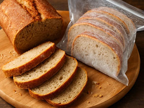 Eingefrorene Brotscheiben und frisches Brot auf einem Brett
