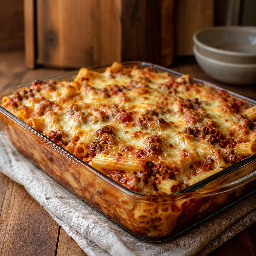 Überbackener Pasta-Auflauf mit Hackfleisch und Käse in einer Glasform auf Holztisch, frisch und goldbraun gebacken.