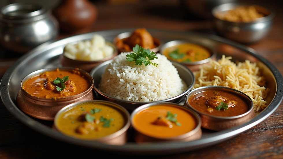 Eye-level view of a traditional Indian thali with various curries, rice, and sides