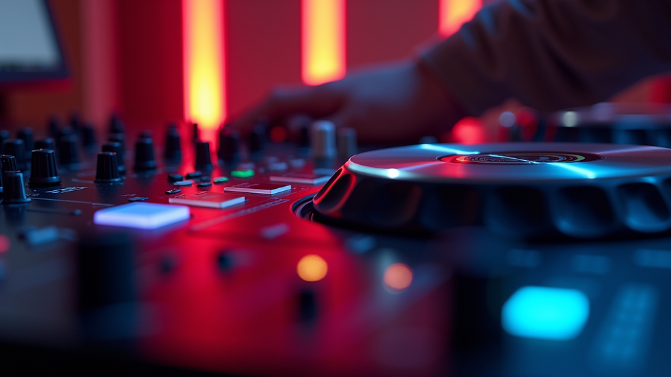 Close-up view of DJ mixing console with colorful lights