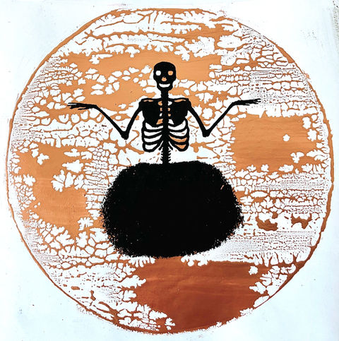 Monoprint featuring a public domain image depicting a skeleton emerging from a cloud.