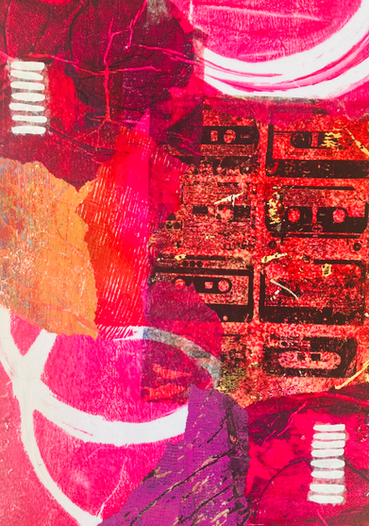 A collage created from a series of monorprints. The prints contain fragments of media including casettes.