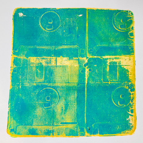 Monorprint featuring a repeated imprint of a 3" floppy disc. Image is blue and gold.