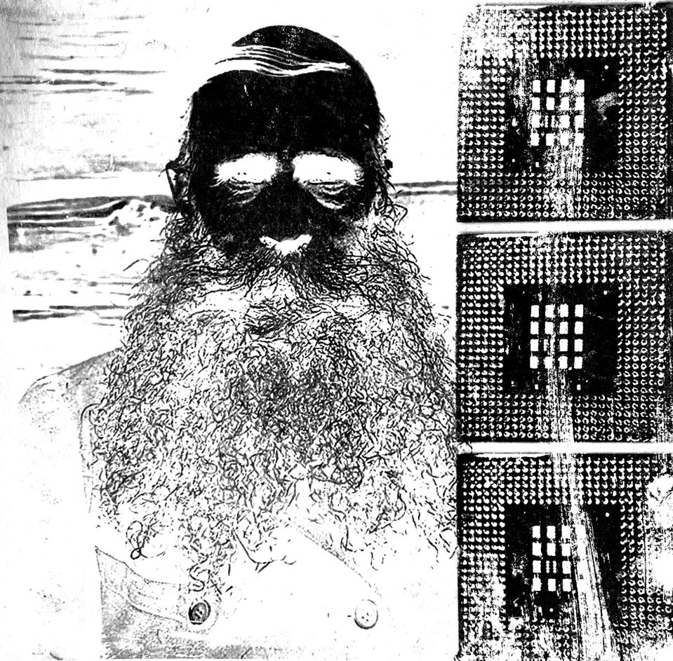 Features a public domain image of a man with a beard in negative, overlaid with a number of AI chips.
