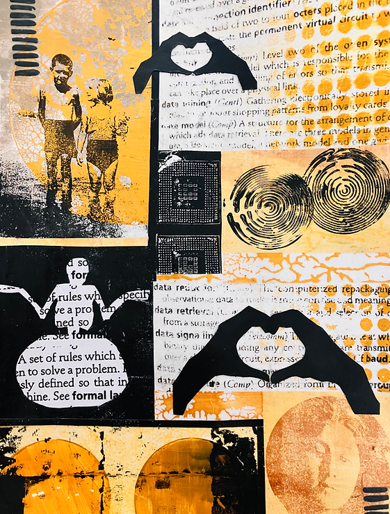 A collage featuring a number of prints. The prints introduce a range of digital motifs and public domain images. The broad theme of the compilation is digtal memory.