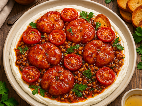 Crispy Smashed Potatoes with Labneh, Roasted Cherry Tomatoes & Walnut-Herb Dressing