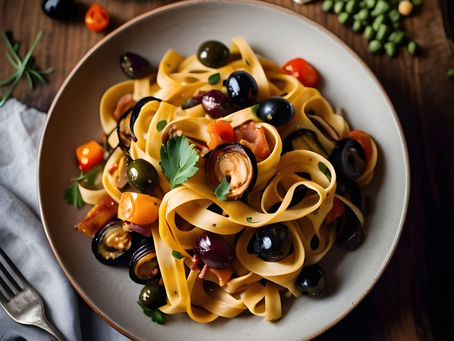 Sun-Kissed Tagliatelle with Olives, Grilled Eggplant & Tomatoes