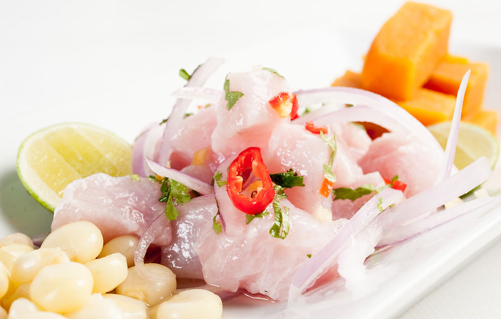 Close-Up Authentic Peruvian Ceviche with Lime Onion and Cilantro