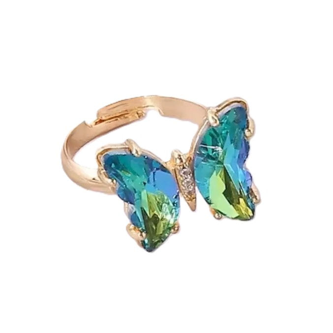 ANEL BORBOLETA DE STRASS AJUSTÁVEL VERDE