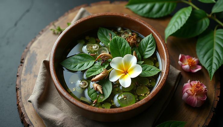 Vista aérea de um banho de ervas preparado com folhas e flores frescas em uma bacia de cerâmica