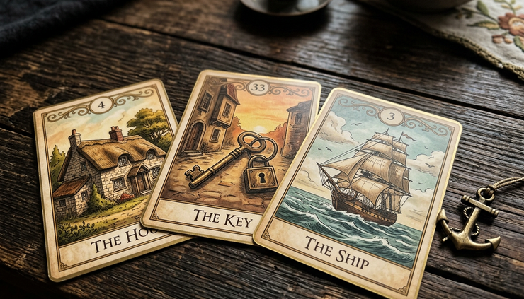 Vista em ângulo de cartas ciganas com símbolos de casa, chave e navio.