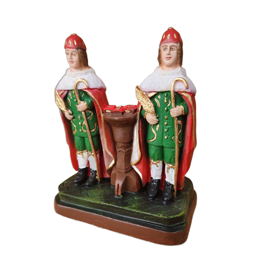 SÃO COSME E DAMIÃO DE GESSO 10CM MANTO VERMELHO DETALHADO