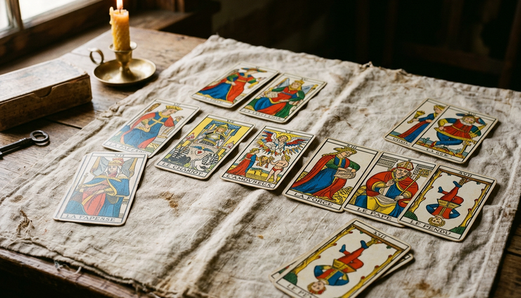 Close-up de cartas inspiradas no Tarot de Marselha com figuras clássicas coloridas.